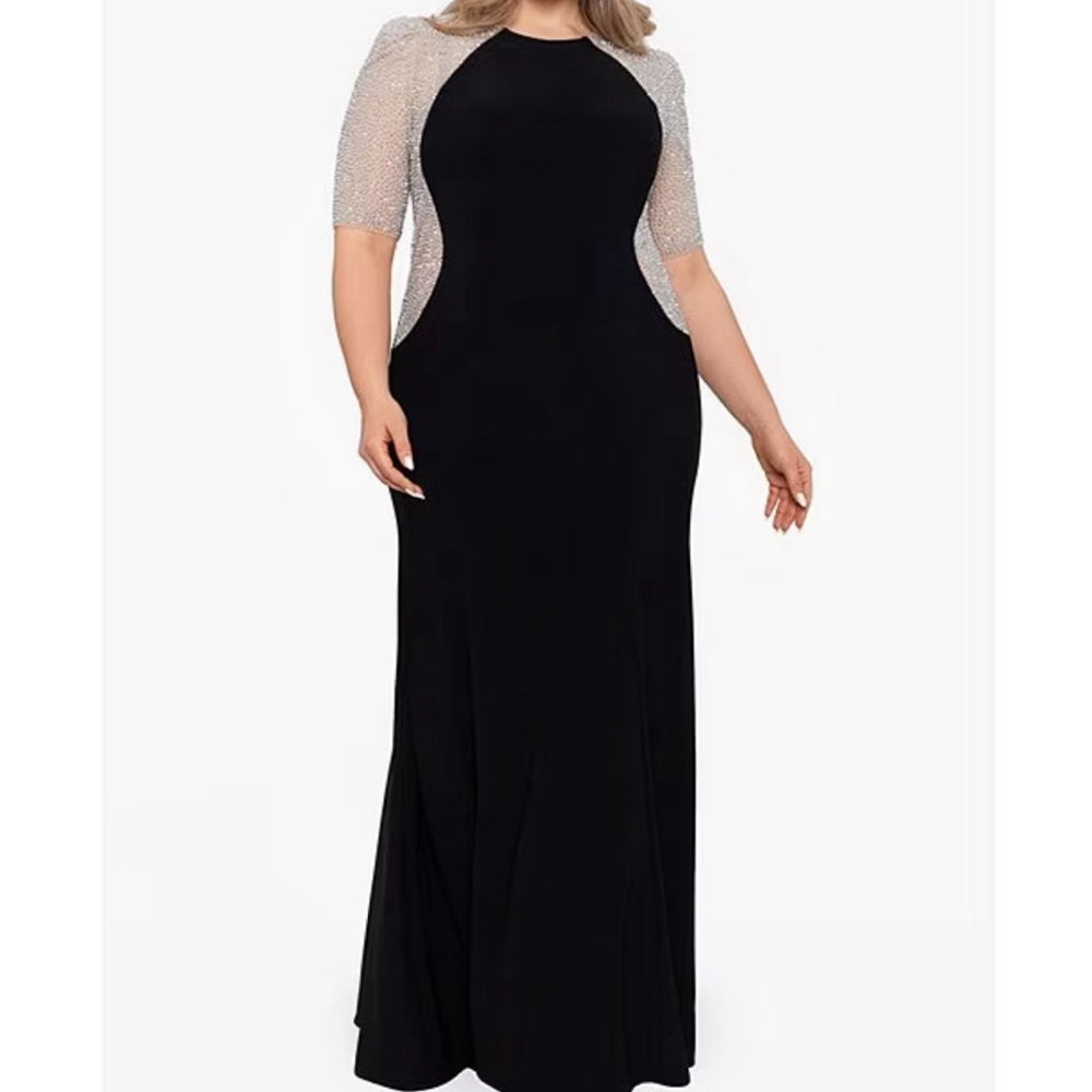 Xscape short sleeve crew neck beaded gown 16W